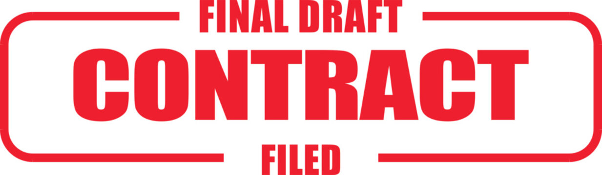 Red rectangular stamp graphic signifying a final draft contract has been officially filed, symbolizing the completion and archiving of an important business agreement document