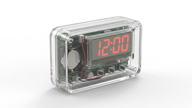 Transparent digital clock showing time with red numbers on white background