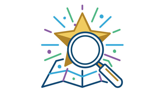 Colorful line vector icon of a gold star with a magnifying glass for search. Features an editable stroke, adjustable stroke weight, customizable line weight, editable, thin line, and stroke.