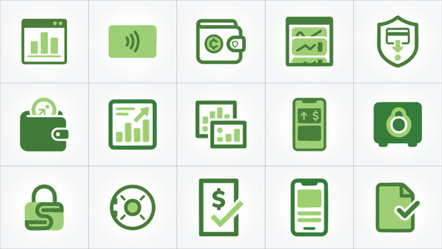 Financial icons set including mobile payments wallet and security symbols in green on white background