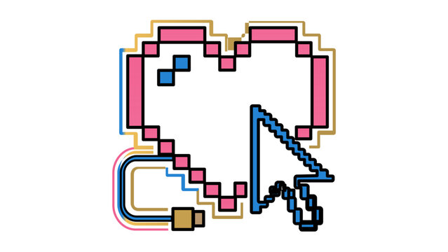 Vibrant pixel heart icon with a hovering mouse cursor arrow &mdash; editable colorful outline vector artwork for dating apps, romantic digital interfaces, and interactive love-themed UI elements.