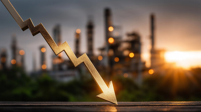Economic Downturn: A golden downward-trending arrow dramatically indicates a sharp decline, set against the backdrop of an industrial complex bathed in the golden light of a setting sun.