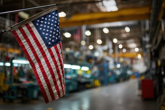 American flag in a blurred manufacturing plant representing industrial production and national economy.