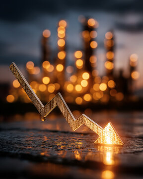 Economic Downturn: A symbolic golden arrow pointing downwards, representing a decline or recession.
