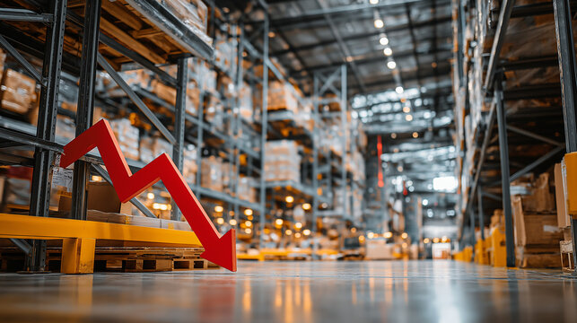 Warehouse Decline: A red arrow graphs a sharp descent, symbolizing a downturn amidst the ordered rows of a modern warehouse, with boxes stacked high on shelving units.