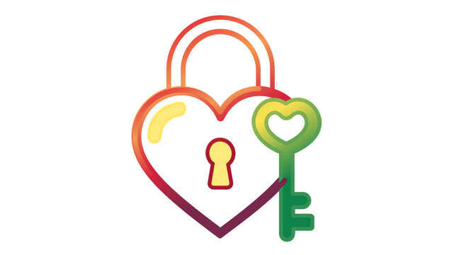 Romantic heart-shaped padlock and key vector icon illustration with vibrant multi-color gradient outline. Features editable stroke, adjustable stroke weight, and customizable line weight.