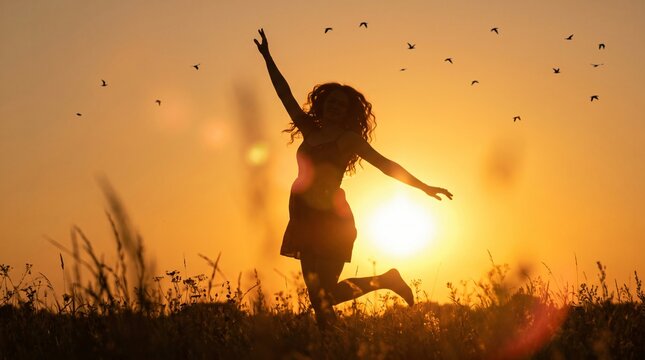 Silhouetted woman jumping with joy in field during golden hour sunset