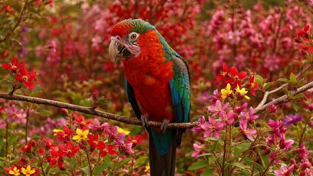 Colorful red and green macaw parrot perched on a branch with blooming pink flowers