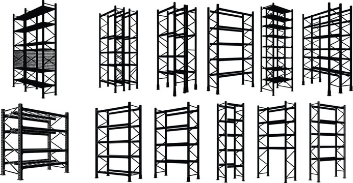 Industrial Warehouse Shelving Rack Icons Set