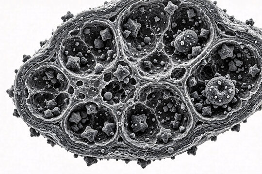 Scanning electron micrograph of plant seed pod cross-section with microparticle contamination