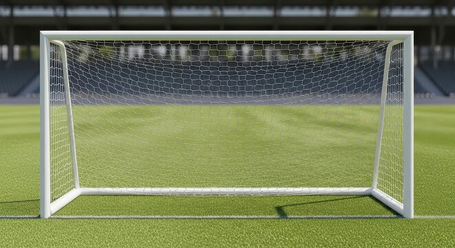 Empty soccer goal on lush green pitch with stadium seating.