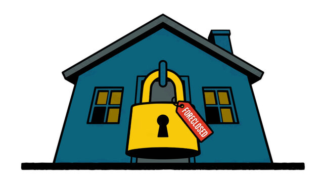 Foreclosed House Locked with a Large Yellow Padlock and Red Tag Illustration