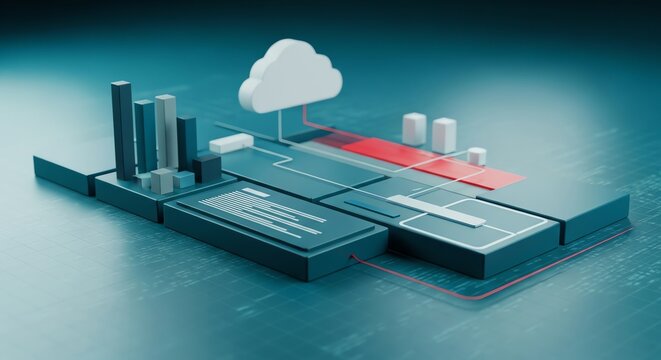 Abstract 3D infographic with cloud computing, data analytics, charts, and digital network connections, futuristic technology concept.