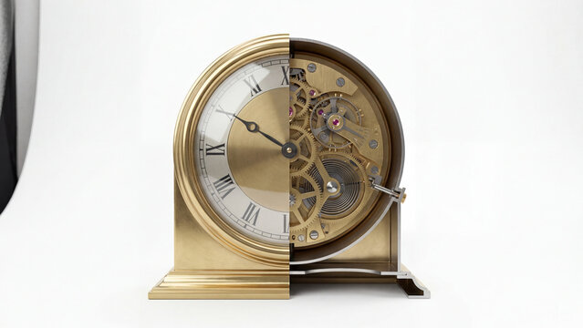 Clock showing both face and internal mechanism against a white background