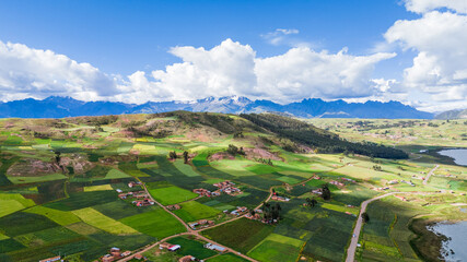 Aerial view of the cultivated fields and mountains of the villages of Cusco, Peru © JuanLuis