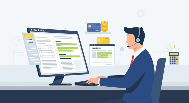 Insurance Agent Using Computer for Online Consultation and Financial Planning