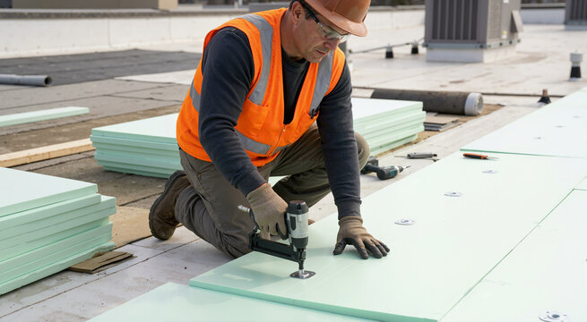 Roofer installing rigid insulation boards on a flat roof. Man in safety gear using a nail gun to secure green panels. Commercial roofing project