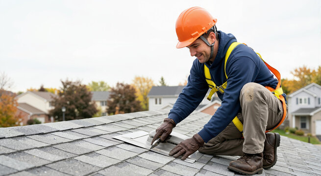 Smiling roofer with safety helmet and harness working on a shingle roof. Man kneeling and adjusting a metal roof vent with a utility knife