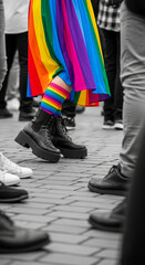 Fototapeta premium Person wearing rainbow-striped socks and a colorful skirt, with chunky black boots, symbolizing pride and diversity in a crowd, representing acceptance and celebration.
