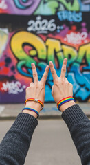 Obraz premium Hands with rainbow wristbands displaying a peace sign against a vibrant graffiti background, symbolizing pride, unity, and urban expression