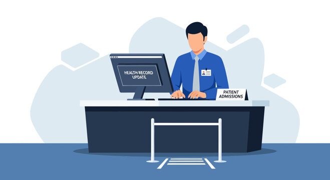 Healthcare professional updating patient record at admissions desk with computer