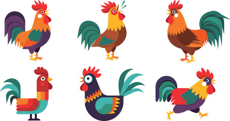 Colorful Rooster Character Set with Standing, Crowing, Walking, and Running Roosters in Various Poses for Farm, Animal, and Poultry Themed Design © Firoz