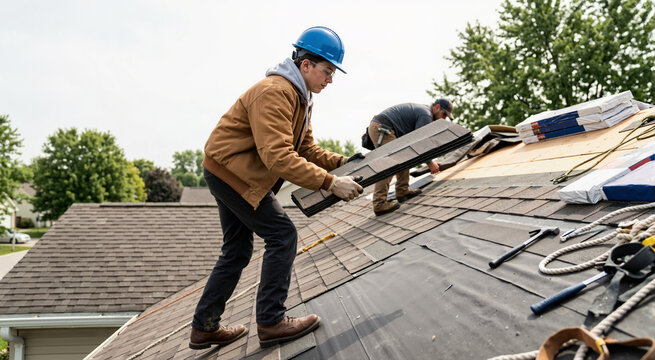 Teenager helping with roof replacement. Young male worker carrying asphalt shingles on a residential roof