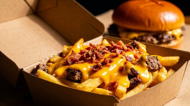 Appetizing loaded french fries topped with melted cheese, crispy bacon, and beef in a kraft cardboard takeout box.