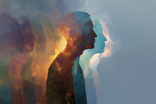 Colorful mindscape of diverse silhouettes expressing different moods and traits