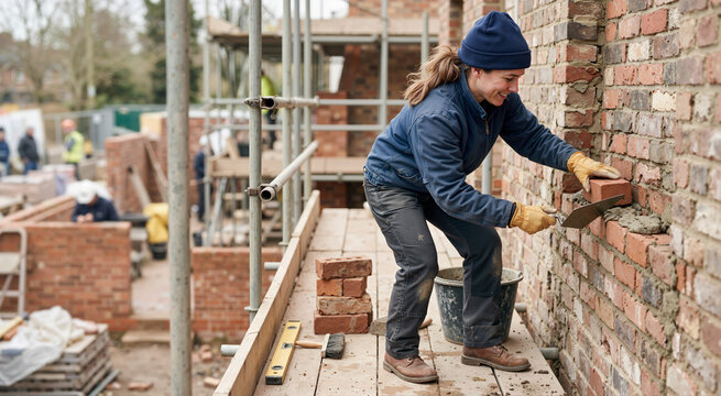 Smiling female bricklayer working on scaffolding at a construction site. Woman laying red bricks with a trowel and mortar