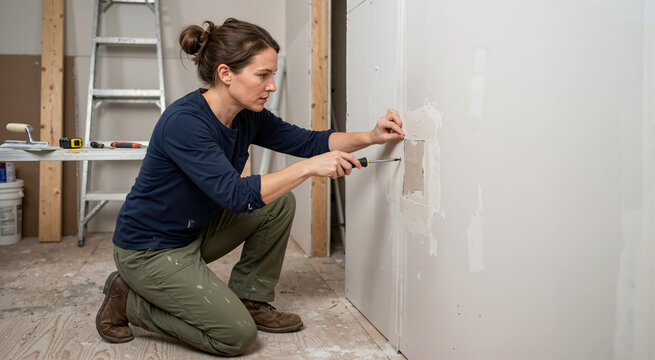Woman kneeling on floor using screwdriver to repair hole in drywall. Female contractor fixing wall with patch and joint compound during home renovation