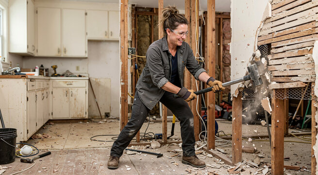 Woman wearing safety glasses using sledgehammer to demolish kitchen wall. Female construction worker breaking plaster and lath during home renovation project