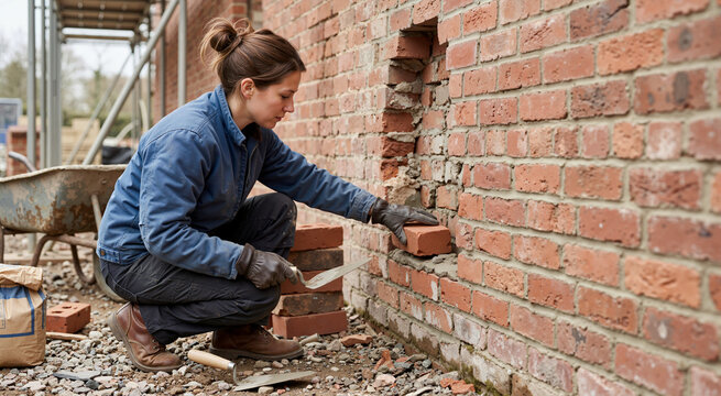 Female mason placing a red brick into a damaged wall. Woman construction worker with a trowel and gloves doing exterior masonry repair