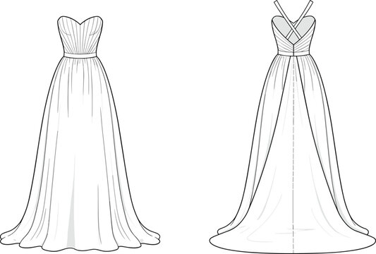 Fashion technical flat sketch of an elegant strapless evening gown showing front and back views with a pleated bodice