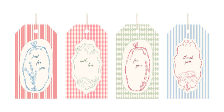 Retro gift tags set with hand drawn flower frames, gingham and striped background, printable labels.