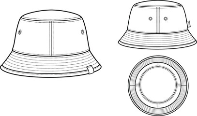 Technical fashion flat sketch of a unisex classic bucket hat showing front side and top views with eyelet details © Smith Rasel