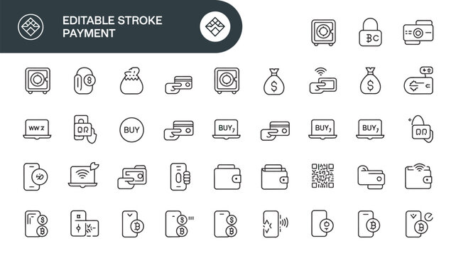 Set of digital payment and online transaction icons with editable stroke for business