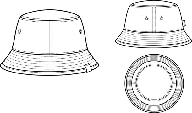 Technical fashion flat sketch of a unisex classic bucket hat showing front side and top views with eyelet details