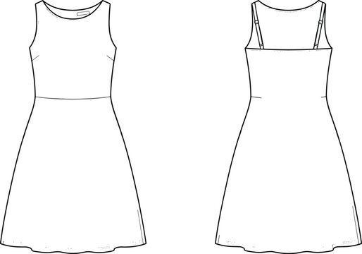 Technical fashion flat sketch of a women basic sleeveless skater dress showing front and back views with adjustable shoulder straps