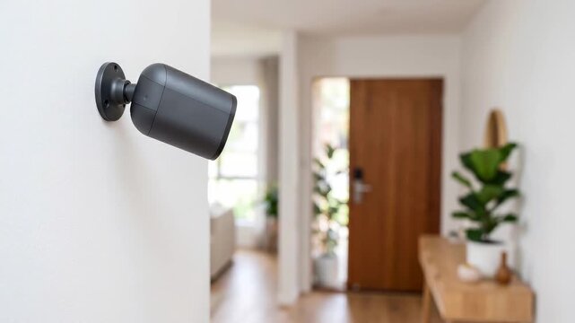 Slow pan tracking shot of security camera rotating on wall inside modern home entryway during daytime