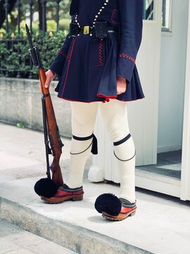 View of the EvzonesTsoliades, a special unit of the Hellenic Army guarding the tomb of the unknown soldier, performing the changing of the guards at syntagma square