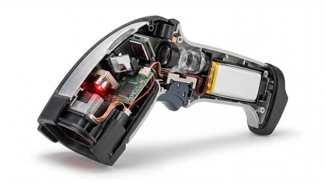 Electronic device with internal components showcased on a white backdrop