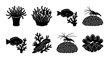 Ocean Life Icons: Coral Reef Animals, Sea Creatures, Aquatic Ecosystem Elements © Tanzila