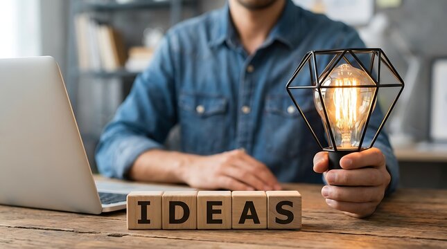 Man holding illuminated light bulb with wooden blocks spelling I D E A S and laptop on desk ideas