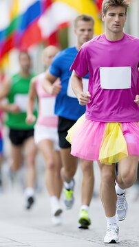 Male runner wearing colorful tutu during road race event