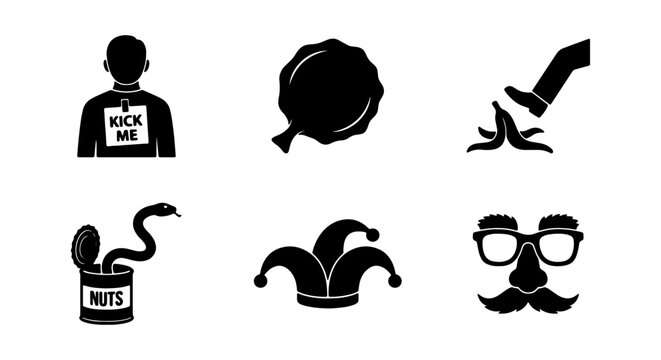 Prankster joke icons, April Fools' Day gags, funny trickster vector collection