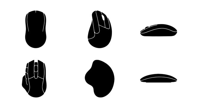 Computer mouse vector icons, black silhouette mouse, ergonomic and wireless device set