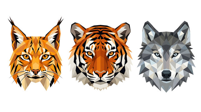 Polygonal wildlife portraits lynx tiger and wolf heads in low poly style