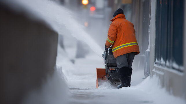 Municipal worker clear a snowy sidewalk with a powerful snow blower after a heavy winter storm, ensuring pedestrian safety and clear urban paths