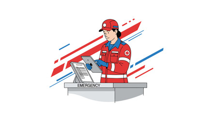 Fototapeta premium Emergency Responder with Tablet and Checklist at Station